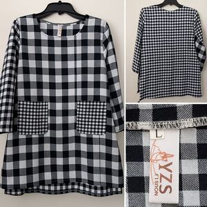 YZS Fashion‎ Tunic Top Women Large Black White Gingham/Buffalo Plaid BohoChic